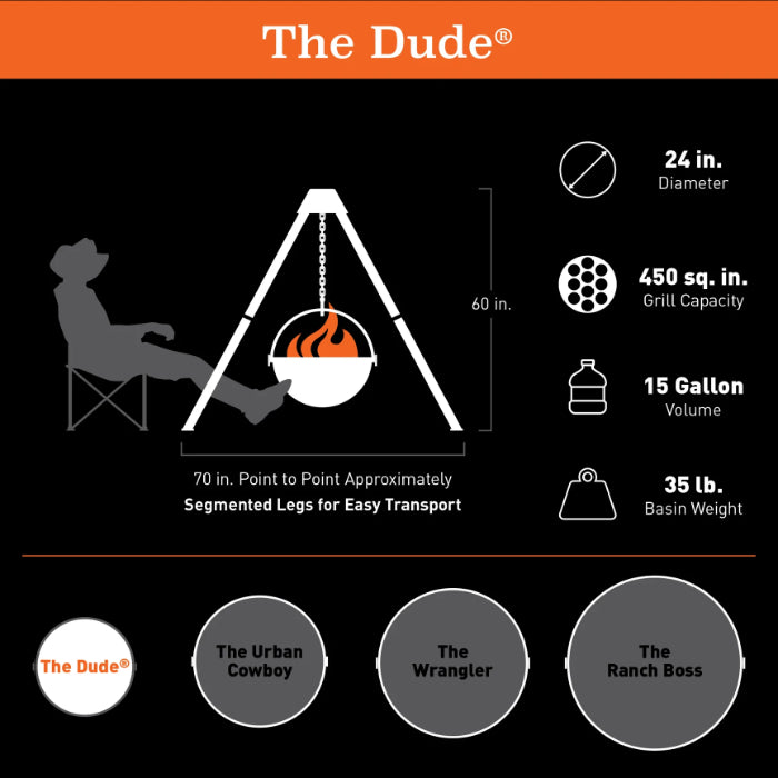 Cowboy Cauldron "The Dude" 24" Fire Pit and Grill - Portable Outdoor Cooking