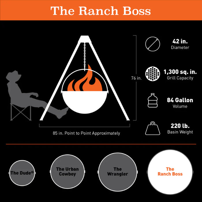 Cowboy Cauldron "Ranch Boss" 42" Fire Pit and Grill - 1300 sq in Cooking Space