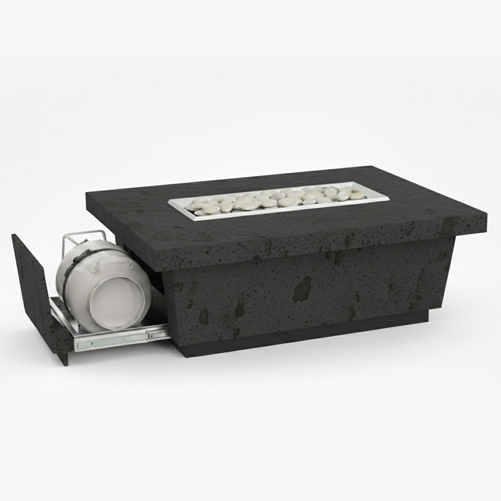 A rectangular outdoor fire table in black lava color with a concrete tabletop and a visible propane gas burner system beneath it.