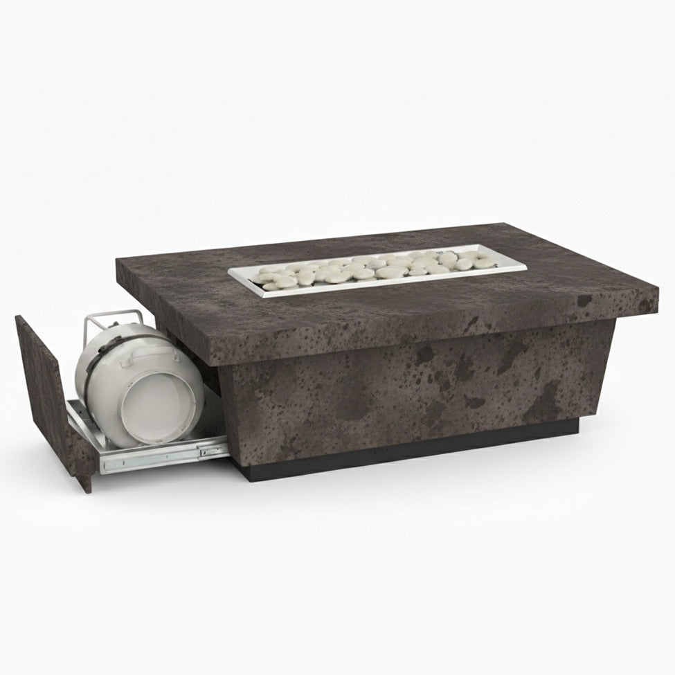 A rectangular outdoor fire table in dark basal antique finish with a concrete tabletop and a visible propane gas burner system beneath it.
