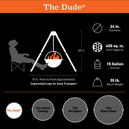 Cowboy Cauldron "The Dude" 24" Fire Pit and Grill - Portable Outdoor Cooking