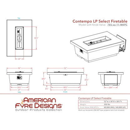 American Fyre Designs® 785 Contempo LP Select 52-Inch Rectangular GFRC Chat Height Propane Gas Fire Table