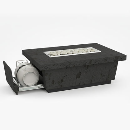A rectangular outdoor fire table in black lava color with a concrete tabletop and a visible propane gas burner system beneath it.